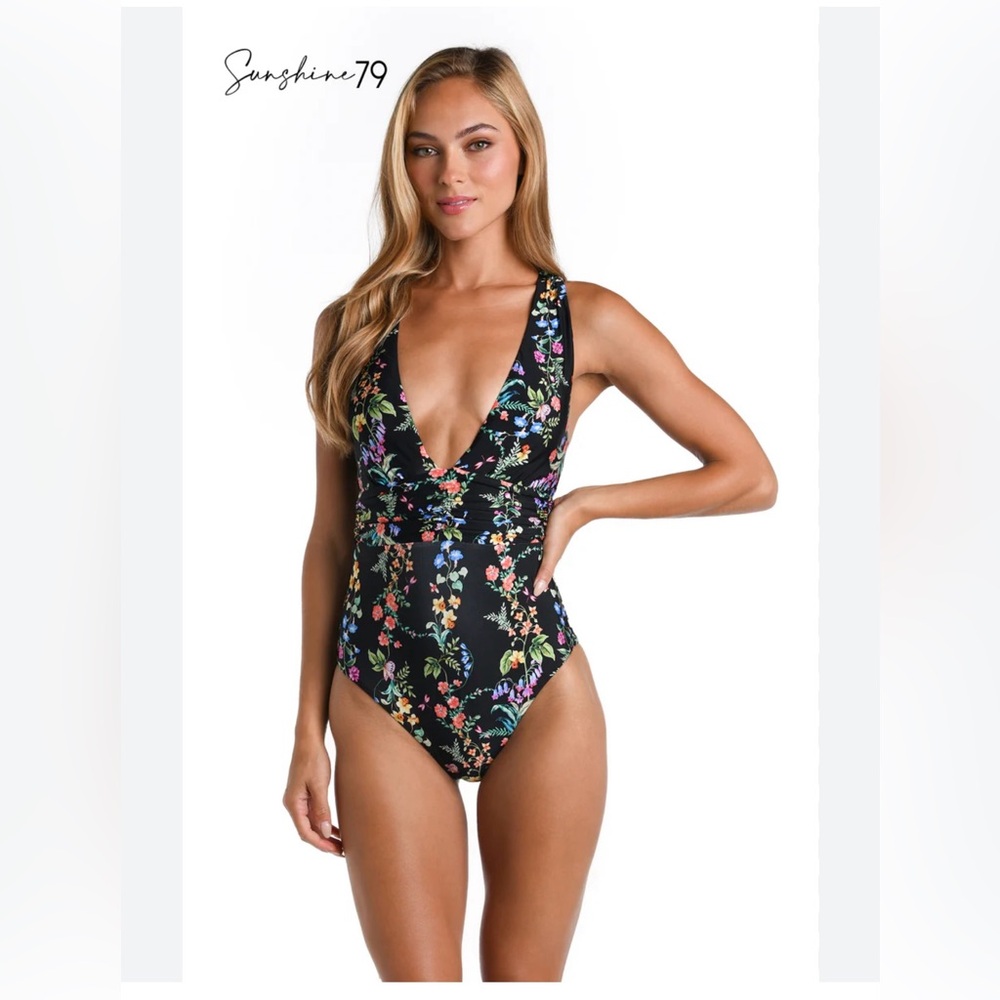Floral V-Neck One-Piece Swimsuit - Black